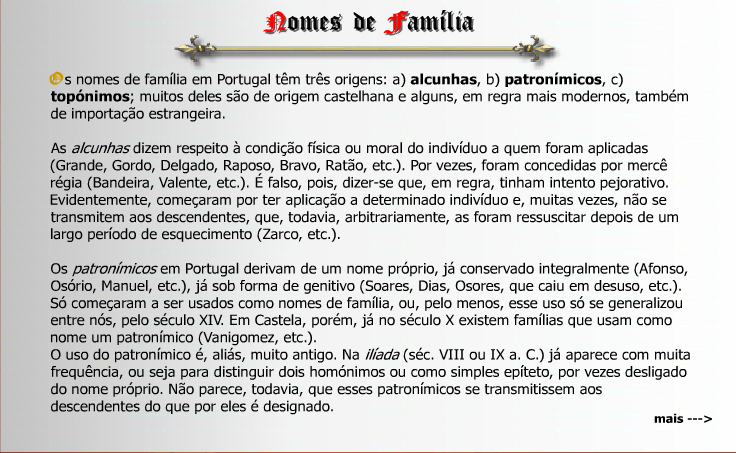 Origem dos Nomes de fam�lia Portugueses